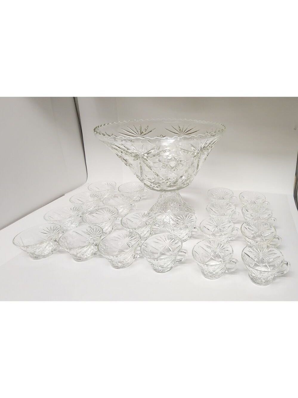 ANCHOR HOCKING Clear Prescut 1960s Star Of David Patterned Punch Bowl Set 22
